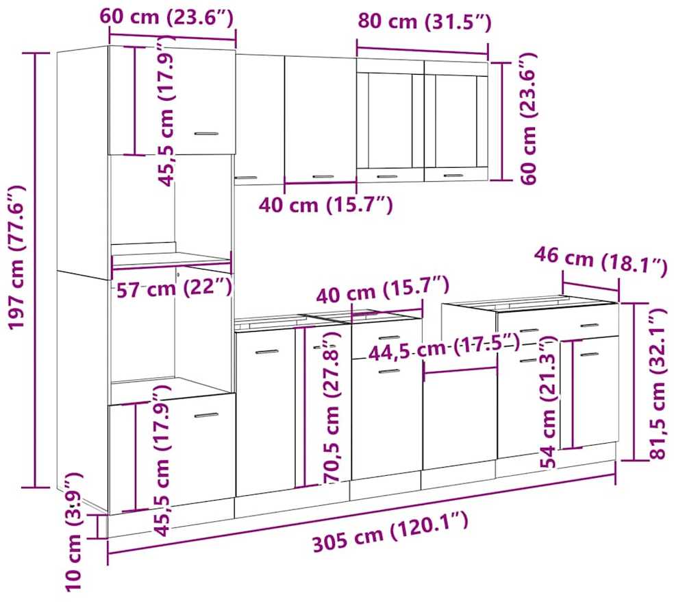 Virtuvės spintelių rinkinys, 7 dalių, Lyon, betono