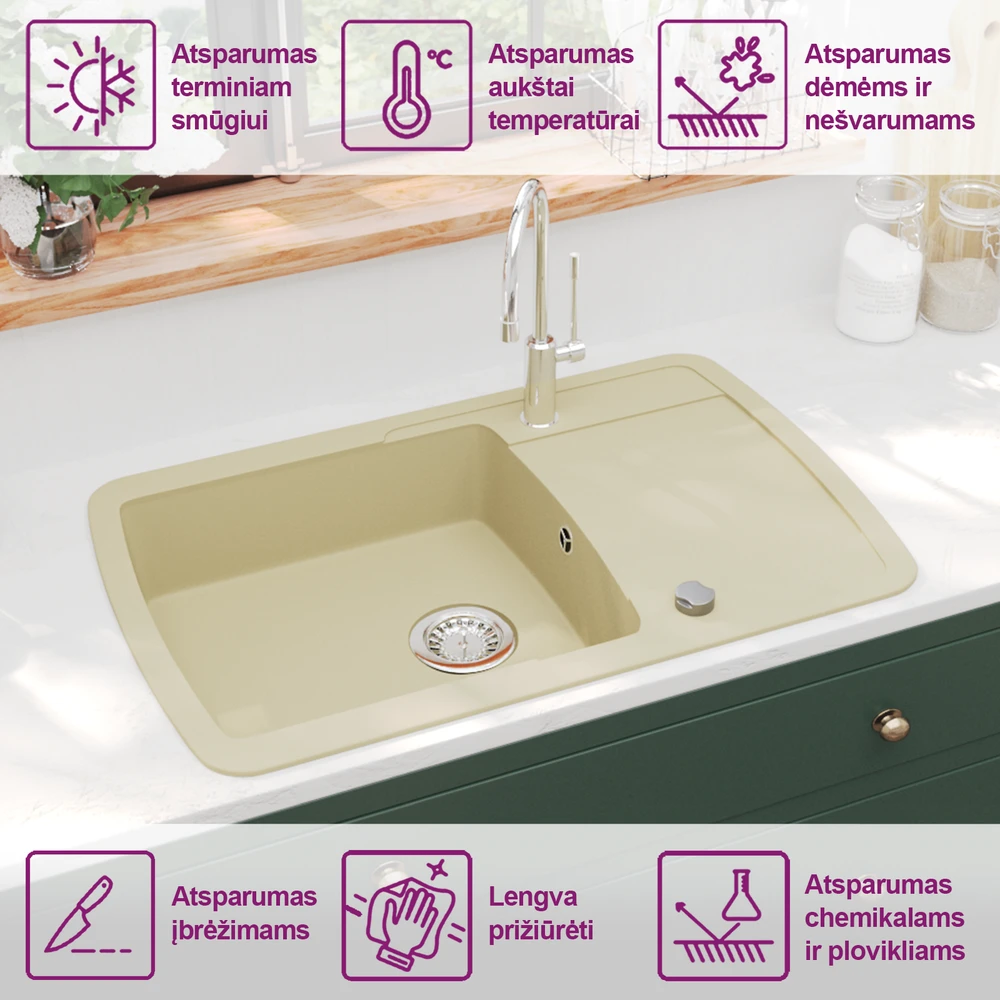 Virtuvinė plautuvė, balta, granitas, vieno dubens