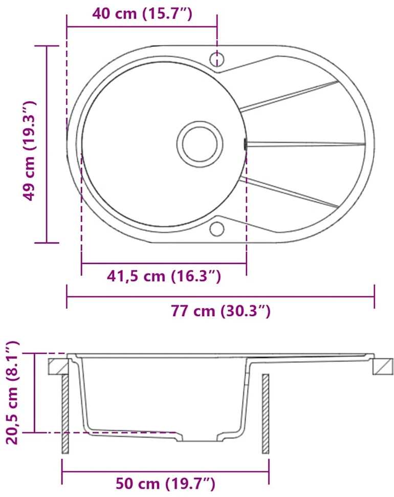 Virtuvinė plautuvė, balta, granitas, vieno dubens, oval. form.