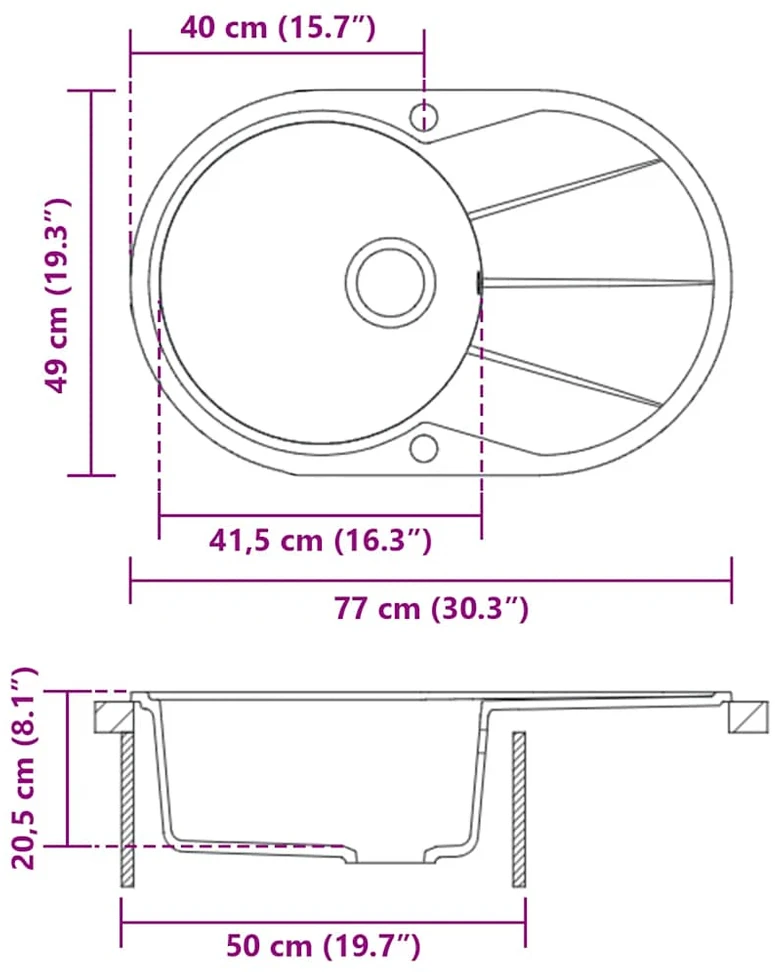 Virtuvinė plautuvė, smėl. sp., gran., vieno dub., oval. form.