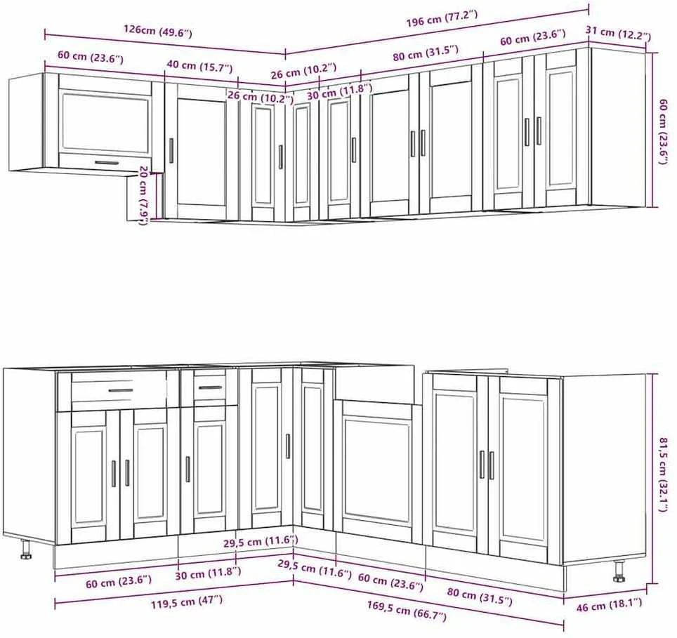 Virtuvinių spintelių komplektas, 11 dalių, Porto, medienos