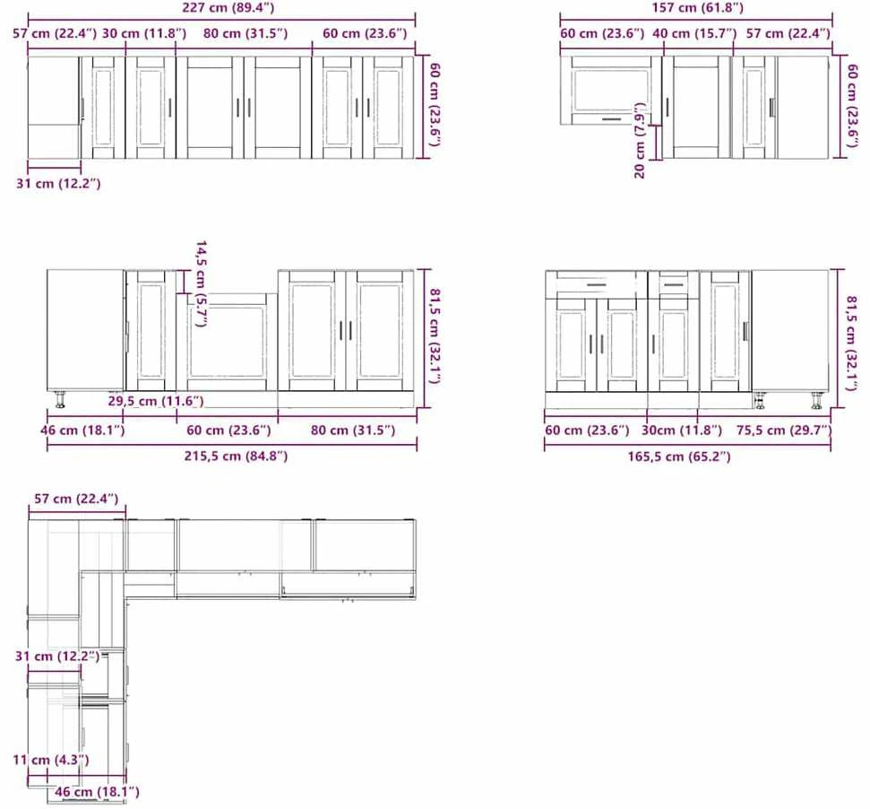 Virtuvinių spintelių komplektas, 11 dalių, Porto, medienos