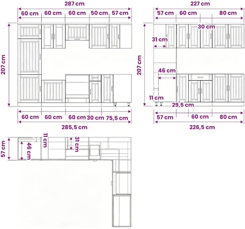 Virtuvinių spintelių komplektas, 14 dalių, Lucca, balta