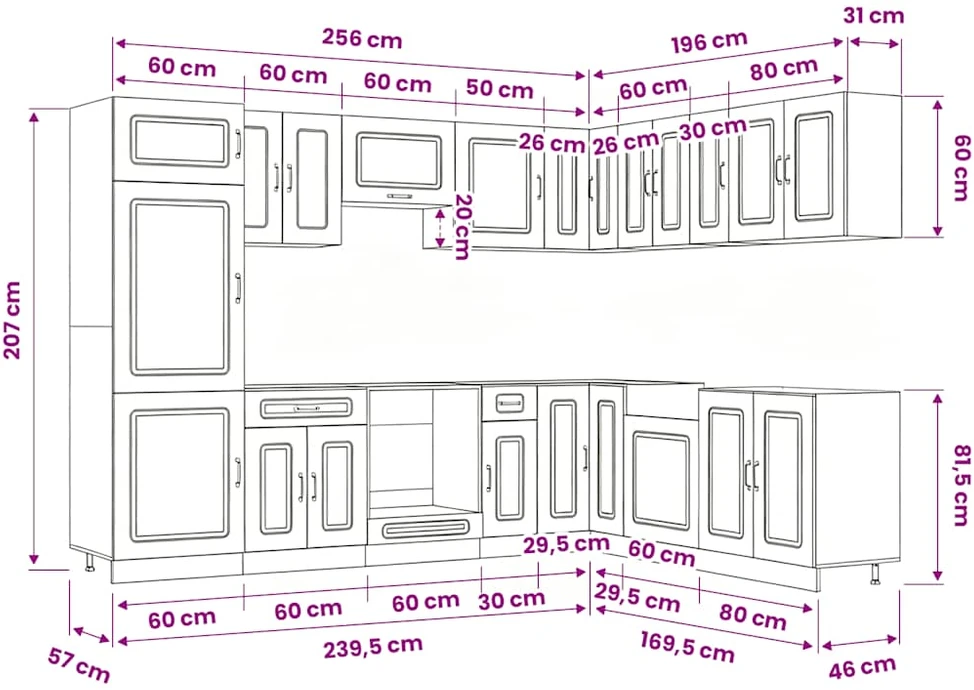 Virtuvinių spintelių komplektas, 14 dalių, Kalmar, dūminio