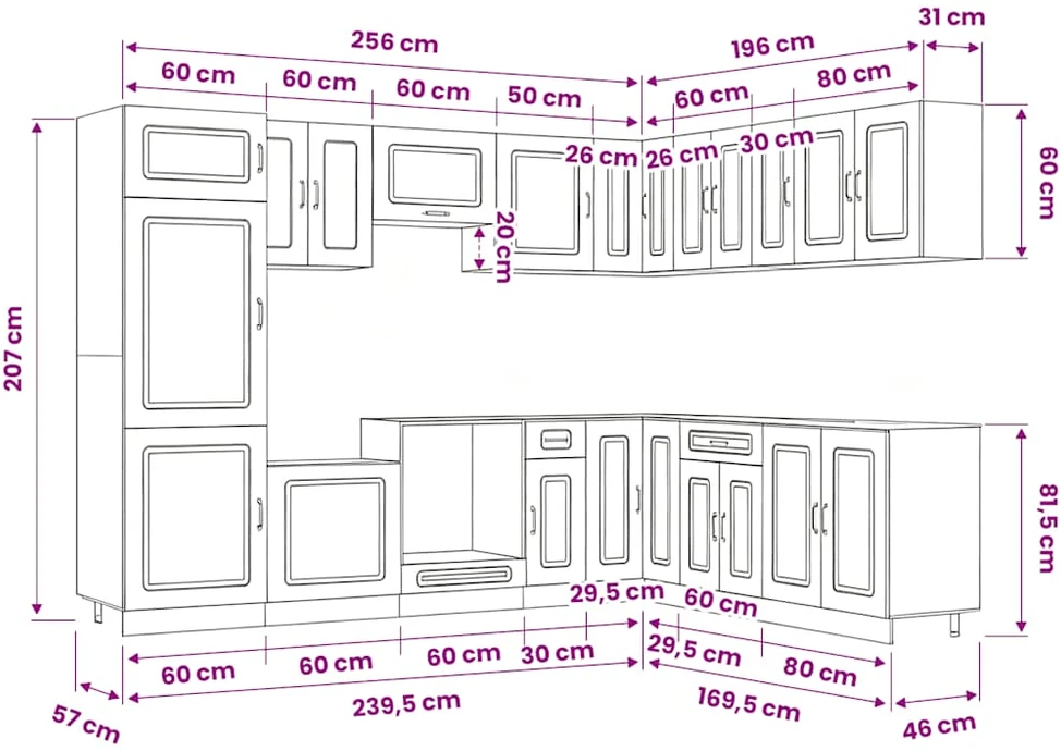 Virtuvinių spintelių komplektas, 14 dalių, Kalmar, balta