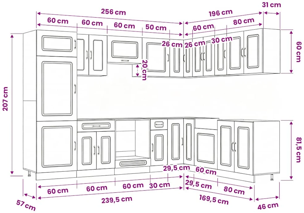 Virtuvinių spintelių komplektas, 14 dalių, Kalmar, betono pilka