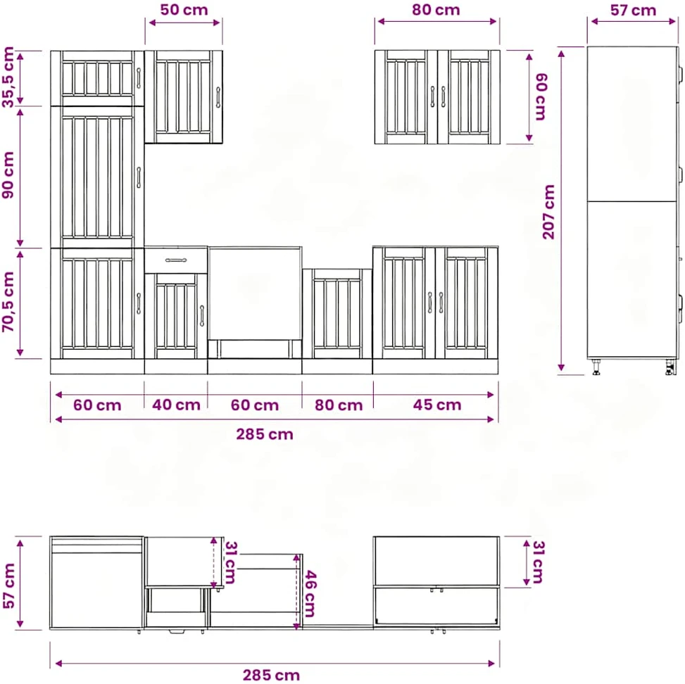 Virtuvinių spintelių komplektas, 7 dalių, Lucca, juoda