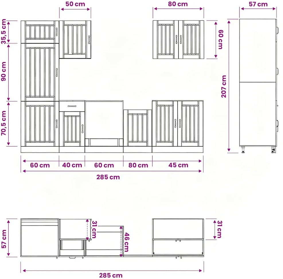 Virtuvinių spintelių komplektas, 7 dalių, Lucca, pilka