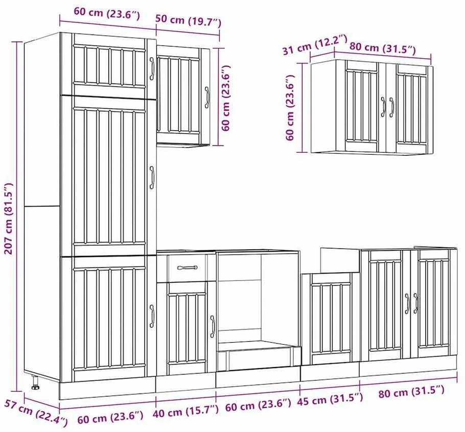 Virtuvinių spintelių komplektas, 7 dalių, Lucca, ąžuolo