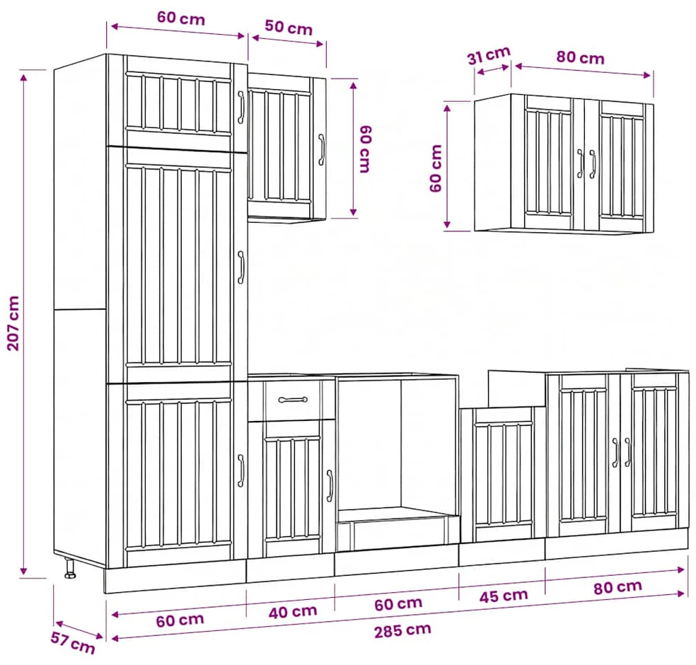 Virtuvinių spintelių komplektas, 7 dalių, Lucca, betono pilka