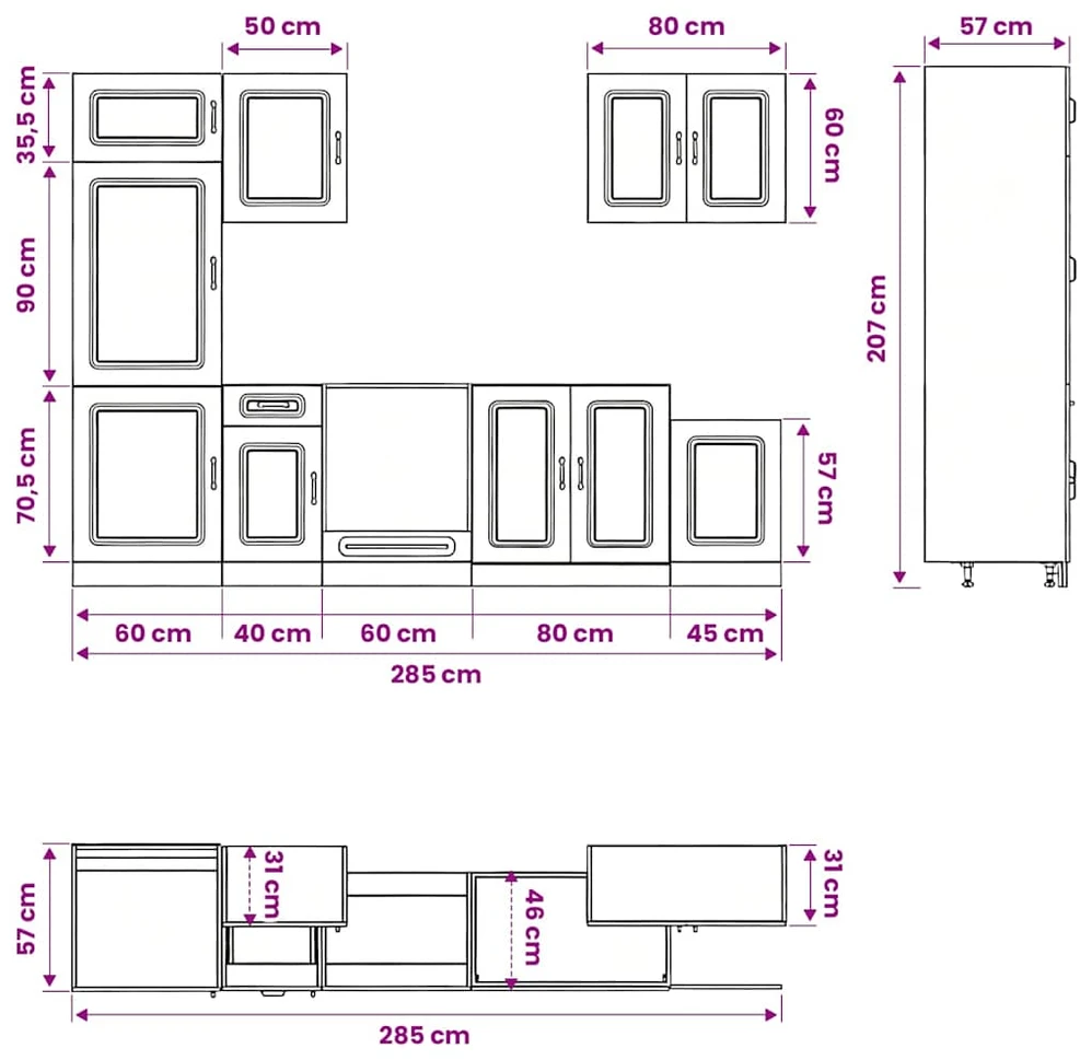 Virtuvinių spintelių komplektas, 7 dalių, Kalmar, balta