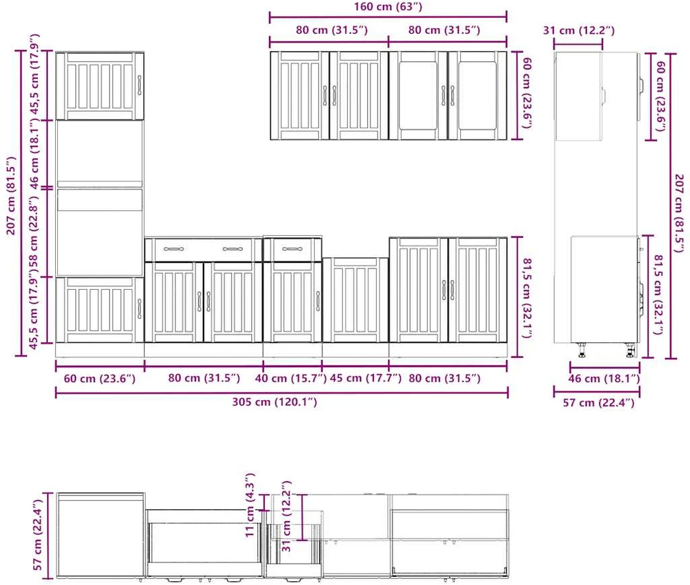 Virtuvinių spintelių komplektas, 7 dalių, Kalmar, medienos