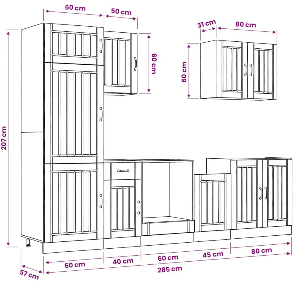 Virtuvinių spintelių komplektas, 7 dalių, Lucca, juoda
