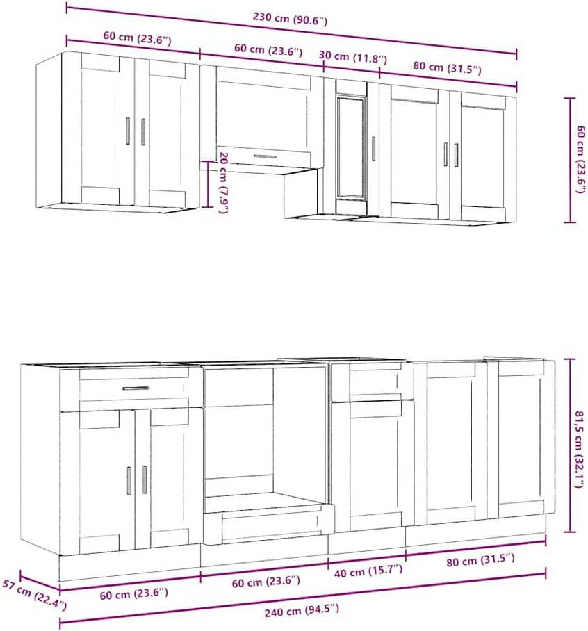 Virtuvinių spintelių komplektas, 8 dalių, Kalmar, pilka