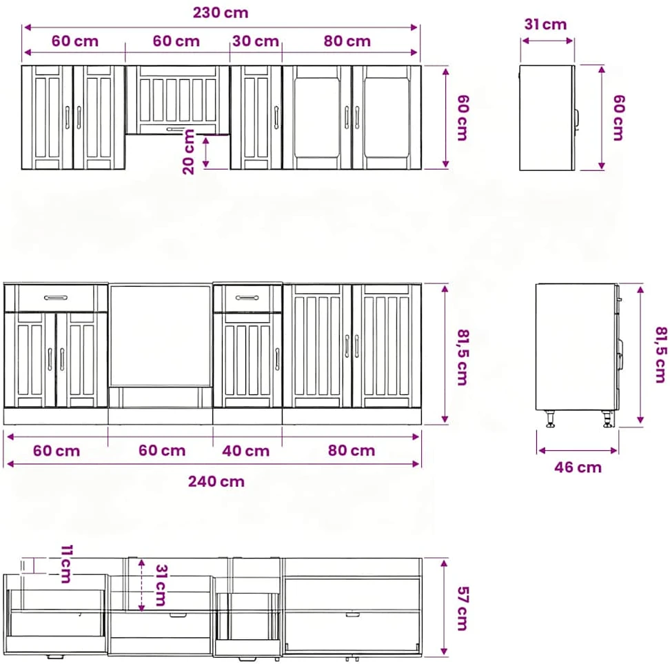 Virtuvinių spintelių komplektas, 8 dalių, Kalmar, balta