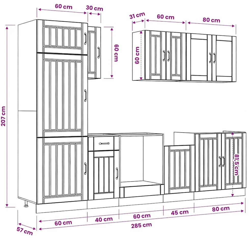 Virtuvinių spintelių komplektas, 8 dalių, Lucca, dūminio