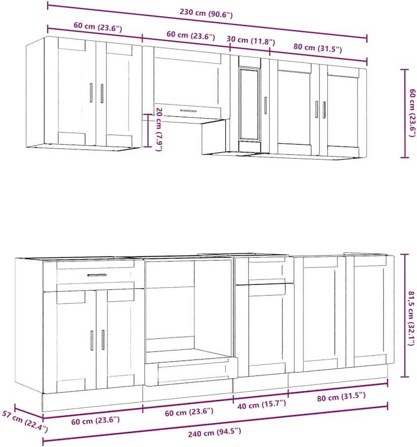 Virtuvinių spintelių komplektas, 8 dalių, Kalmar, pilka