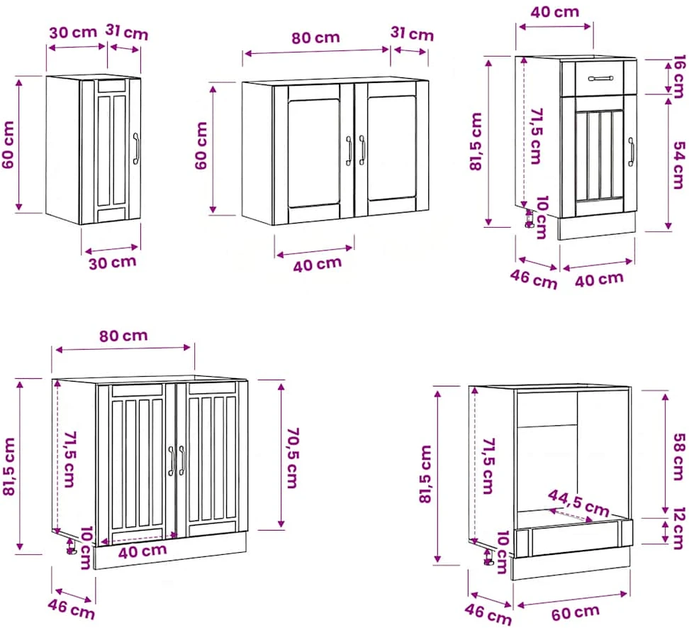 Virtuvinių spintelių komplektas, 8 dalių, Lucca, ąžuolo