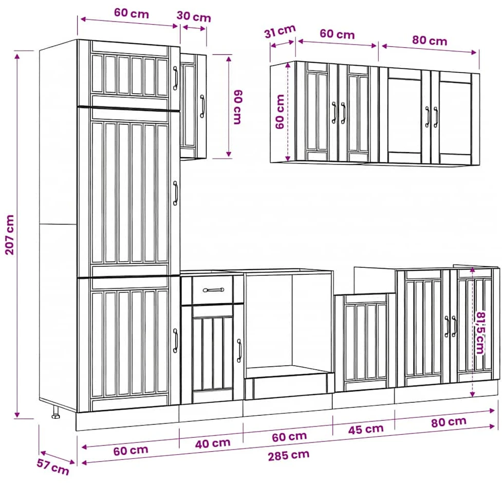 Virtuvinių spintelių komplektas, 8 dalių, Kalmar, juoda