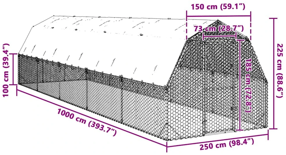 vištienos bėgimas su stogu 2,5x10x2,25 m cinkuoto plieno