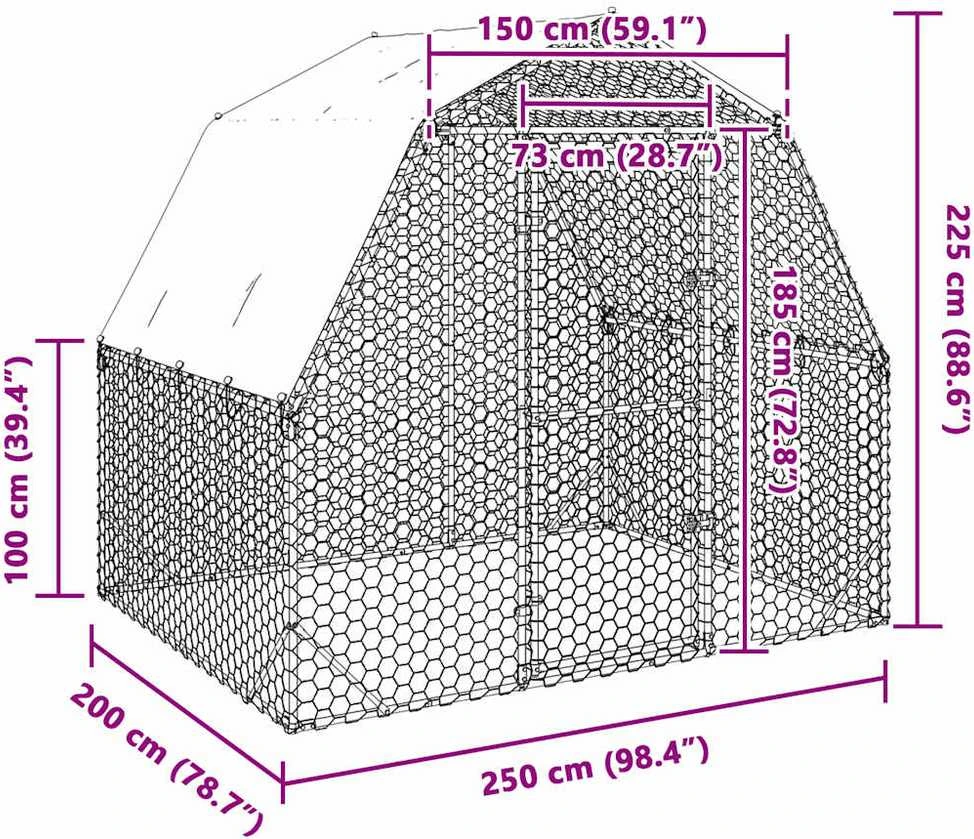 Vištienos bėgimas su stogu, 2,5x2x2,25m, galvanizuotas plienas
