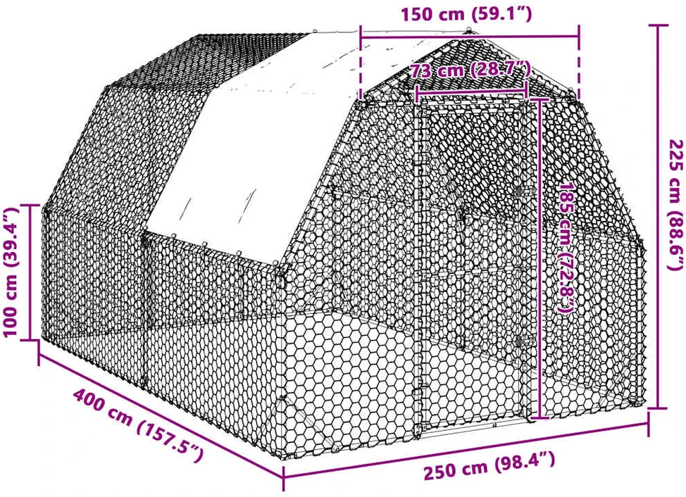 vištienos bėgimas su stogu 2,5x4x2,25 m cinkuoto plieno