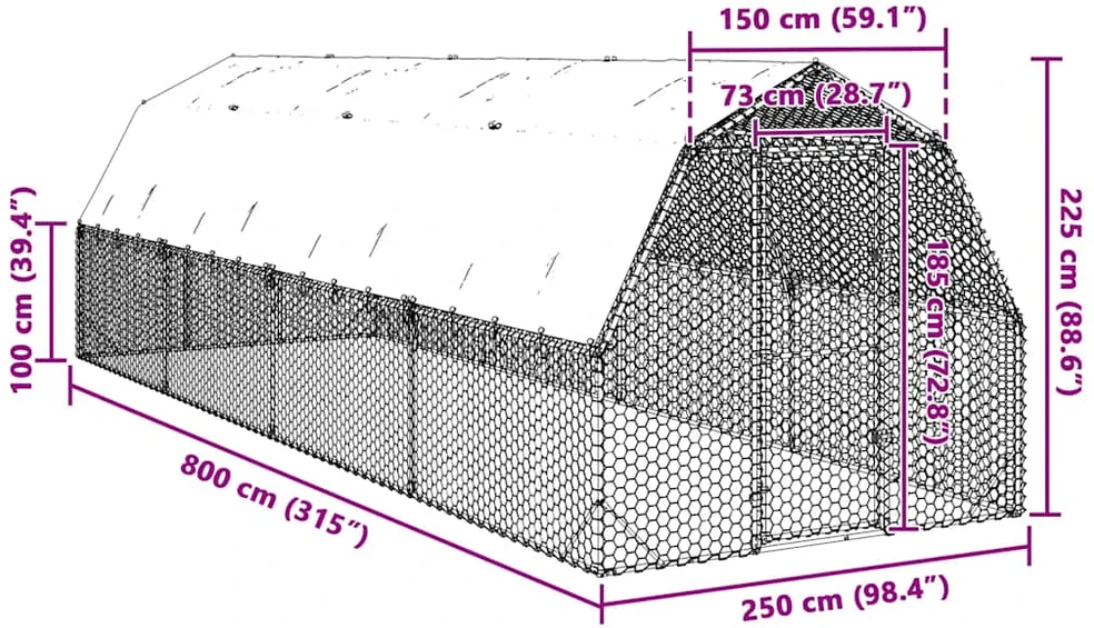 vištienos bėgimas su stogu 2,5x8x2,25 m cinkuoto plieno