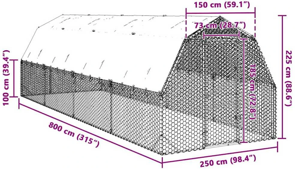 vištienos bėgimas su stogu 2,5x8x2,25 m cinkuoto plieno