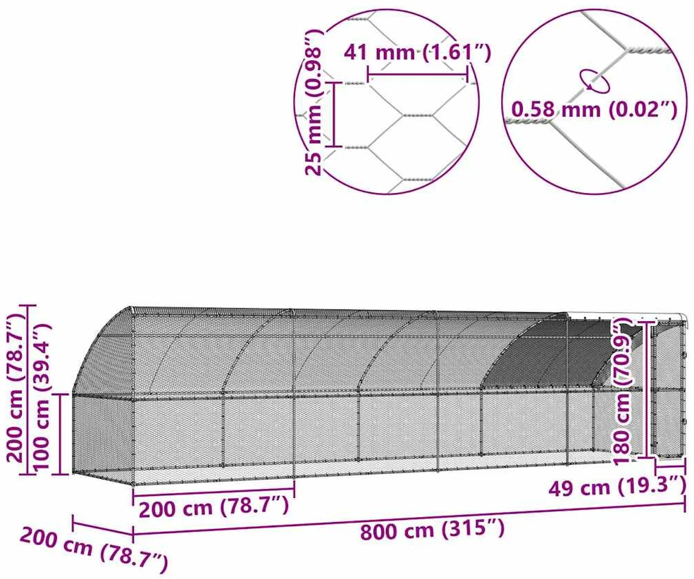 Vištų narvas 4 vnt. Sidabro 800 x 200 x 200 cm Plienas ir PE