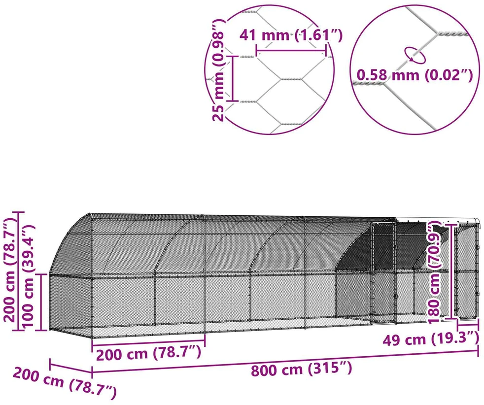 Vištų narvas 4 vnt. Sidabro 800 x 200 x 200 cm Plienas ir PE