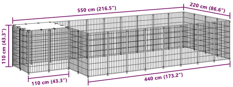 Voljeras šunims, juodos spalvos, 10,89 m², plienas