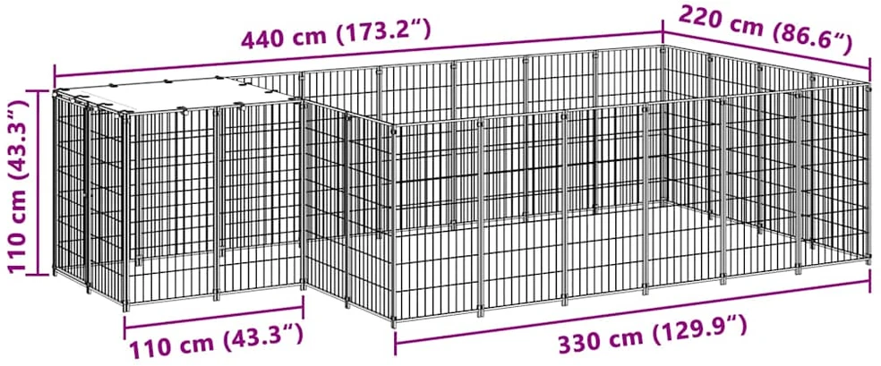 Voljeras šunims, juodos spalvos, 8,47 m², plienas