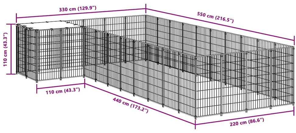 Voljeras šunims, sidabrinės spalvos, 13,31m², plienas
