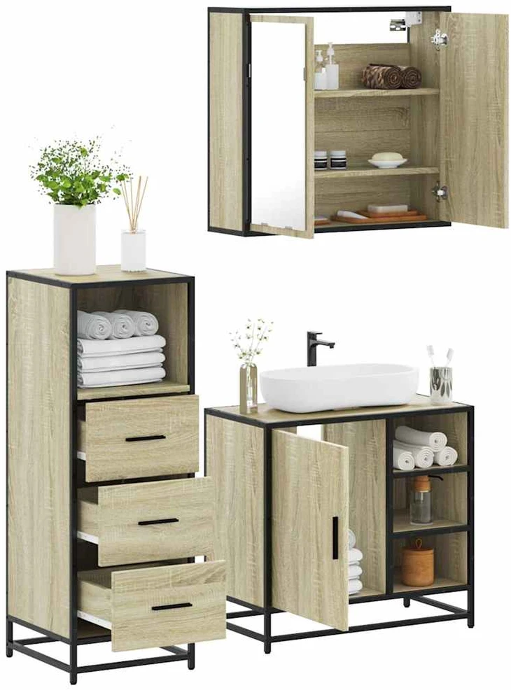 Vonios baldų komplektas, 3 dalių, ąžuolo, apdirbta mediena