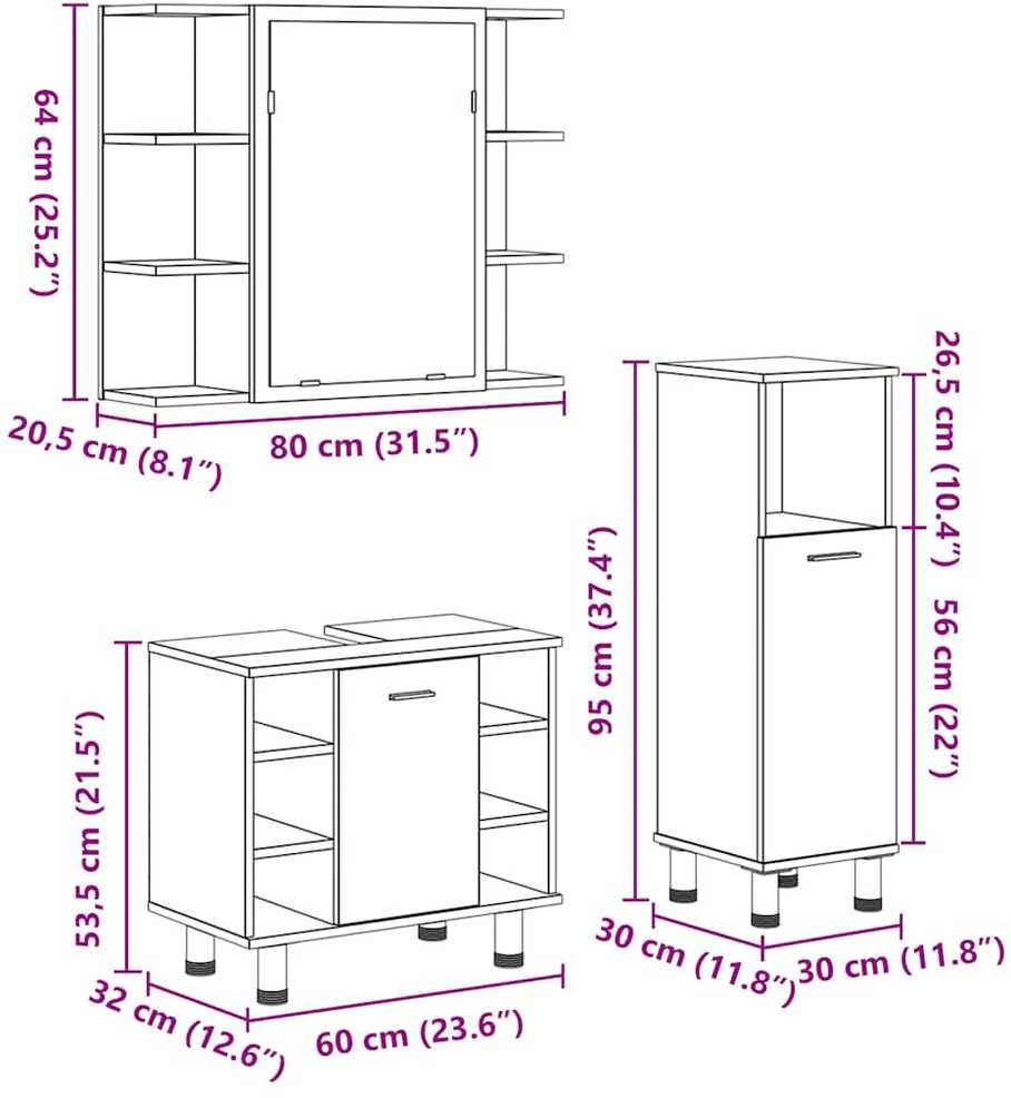 Vonios baldų komplektas, 3 dalių, medienos, apdirbta mediena