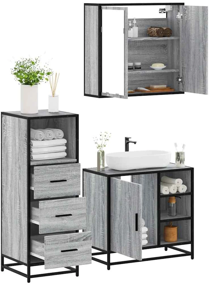 Vonios baldų komplektas, 3 dalių, pilkas ąžuolo, mediena