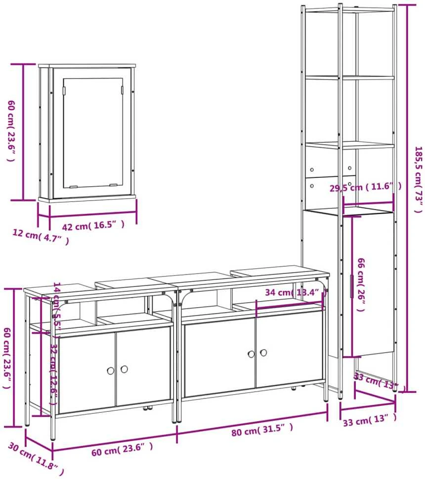 Vonios baldų komplektas, 4 dalių, dūminio ąžuolo, mediena