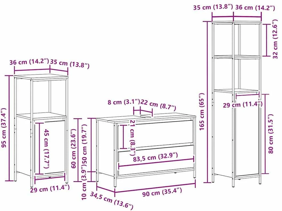 Vonios baldų rinkinys 3 vnt. Juodas ąžuolas 90 x 34,5 x 60 cm