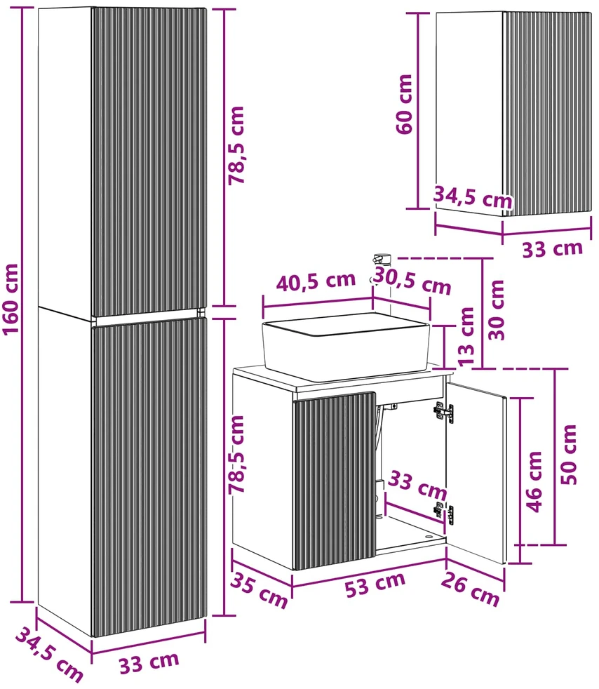 Vonios baldų rinkinys 3 vnt. Balta 33 x 34,5 x 160 cm