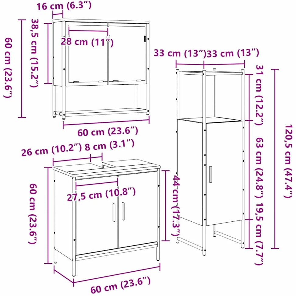 Vonios baldų rinkinys 3 vnt. Juoda 33 x 33 x 113,5 cm