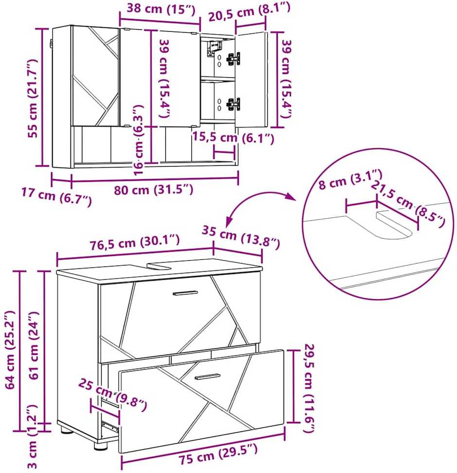 Vonios baldų rinkinys 4 vnt. Betono pilka 35 x 30 x 192 cm