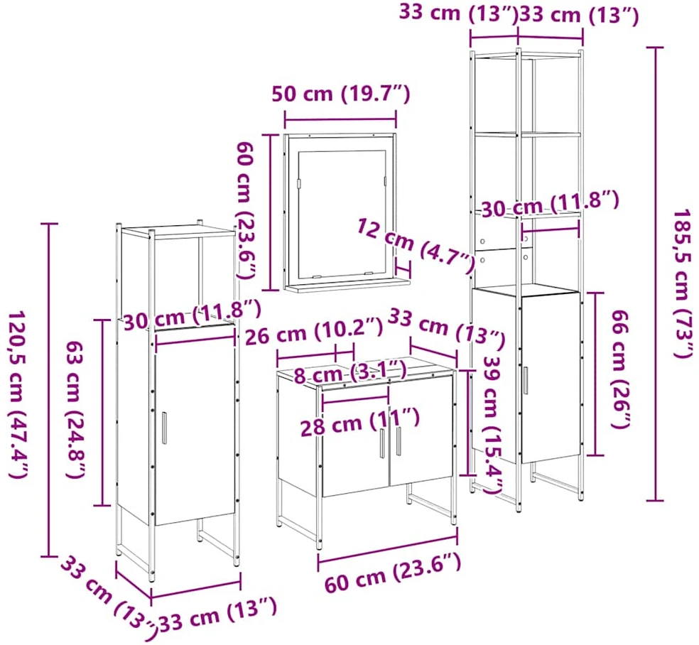 Vonios baldų rinkinys 4 vnt. Juoda 33 x 33 x 185,5 cm