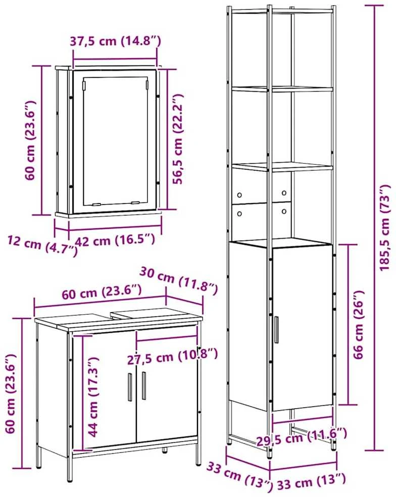 Vonios baldų rinkinys 3 vnt. Juoda 33 x 33 x 185,5 cm
