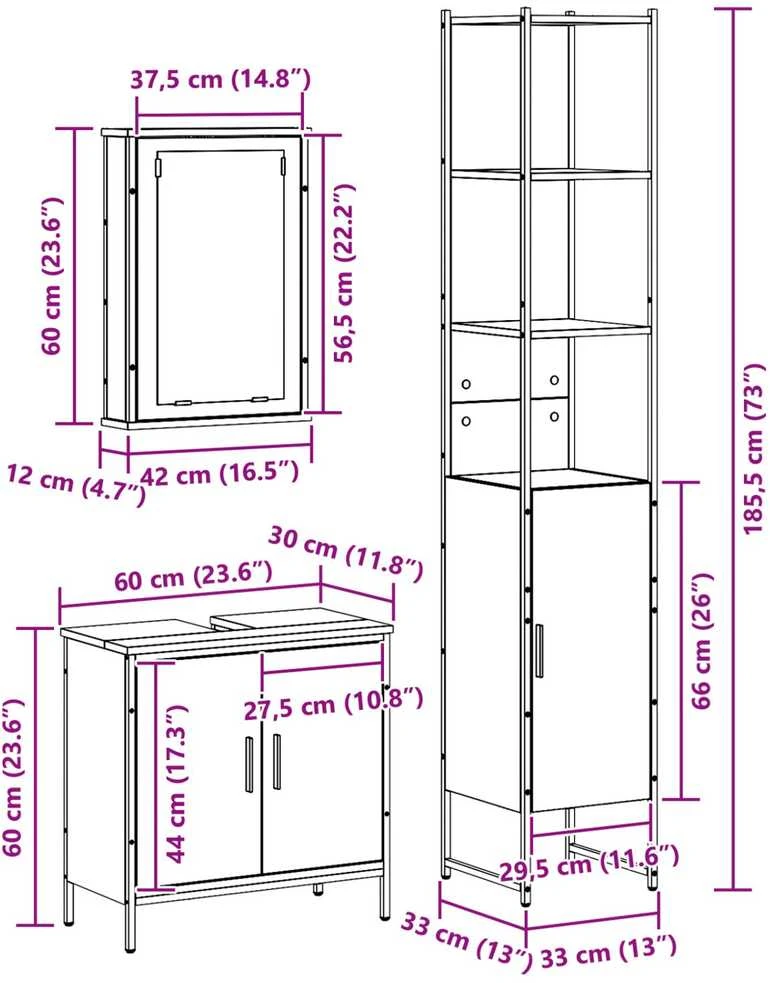 Vonios baldų rinkinys 3 vnt. Juoda 33 x 33 x 185,5 cm
