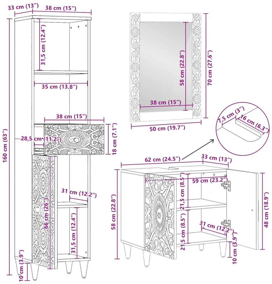 Vonios baldų rinkinys 3 vnt. Ruda 62 x 33 x 58 cm