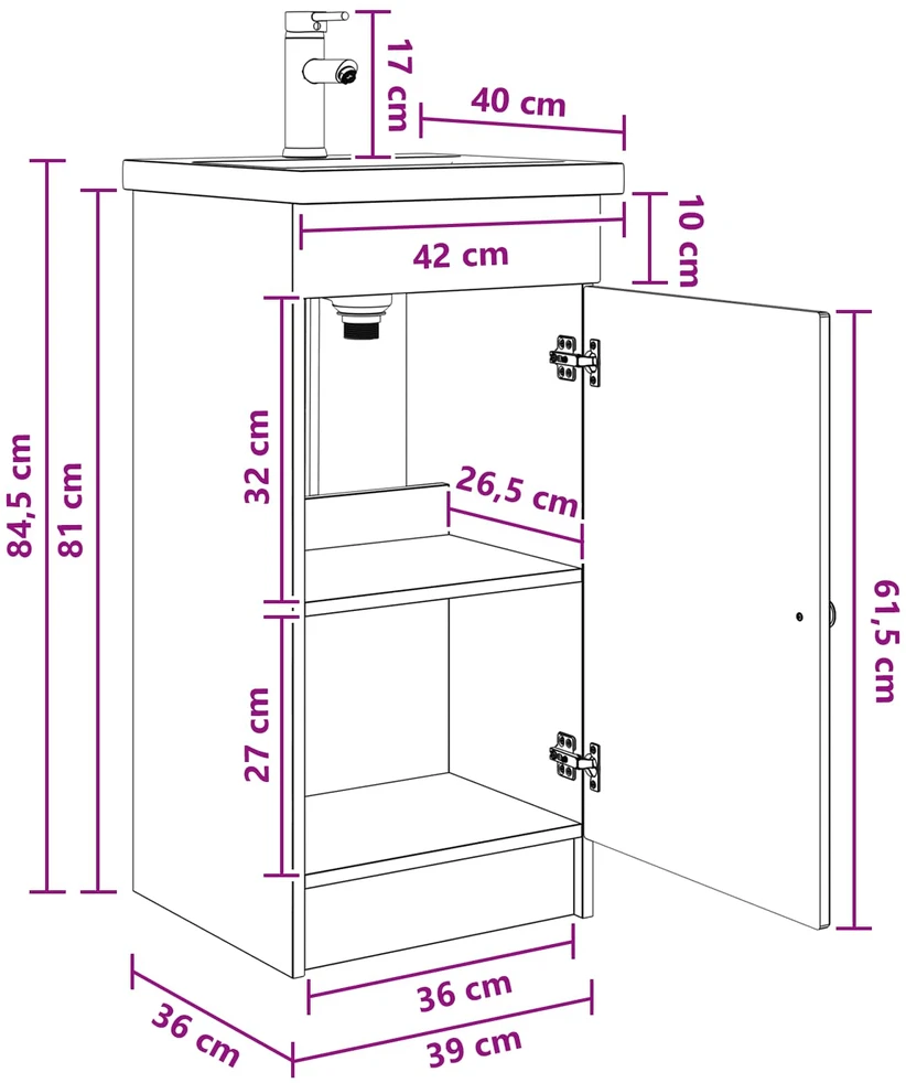 Vonios spintelė su praustuvu Dūminio ąžuolo 42 x 40 x 84,5 cm