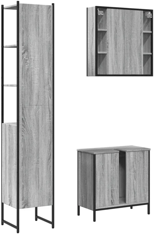 Vonios spintelių komplektas, 3 dalių, pilkas ąžuolo, mediena