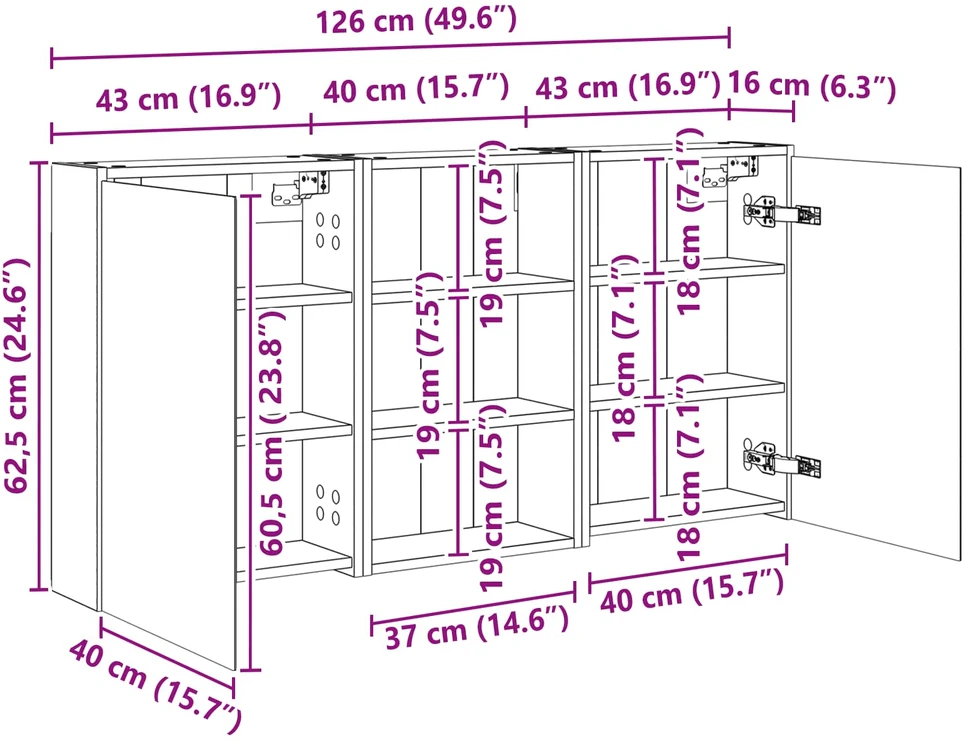 Vonios spintos komplektas 3 vnt. 126 x 16 x 62.5 cm
