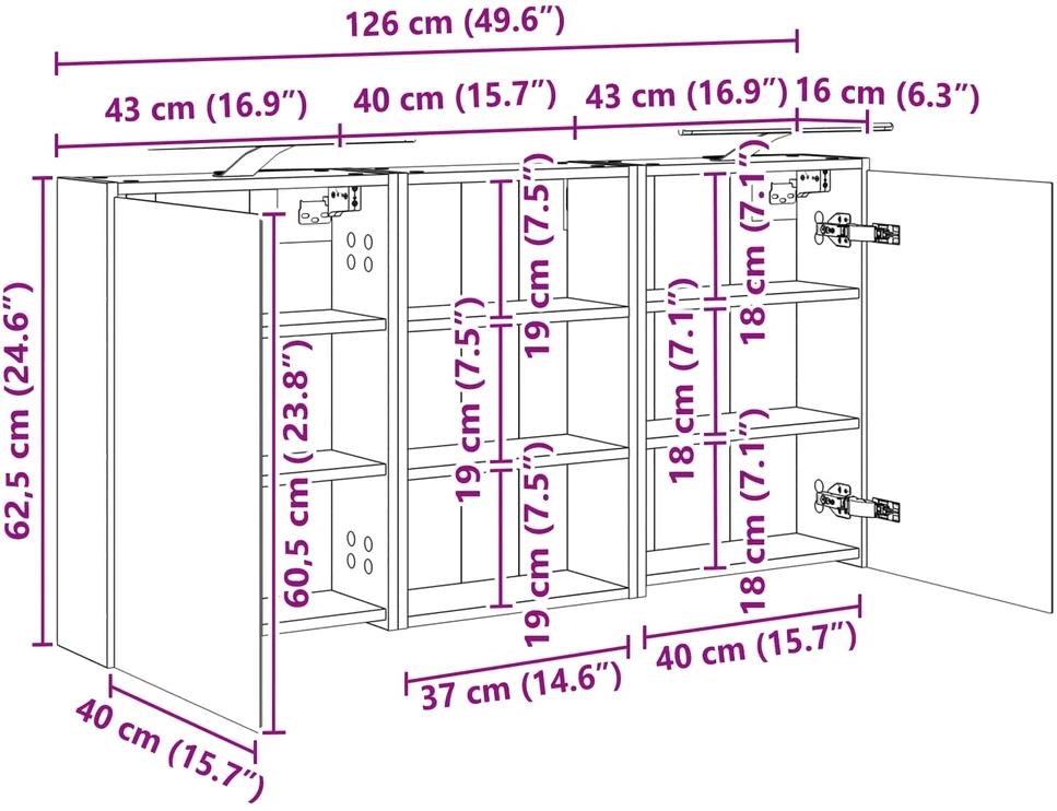 Vonios spintos komplektas 3 vnt. 126 x 16 x 62.5 cm