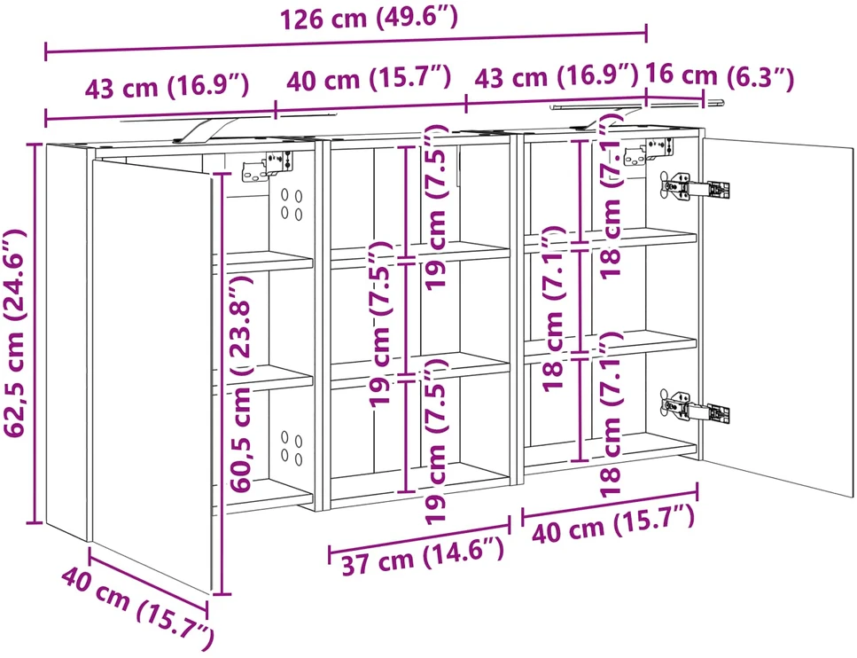 Vonios spintos komplektas 3 vnt. 126 x 16 x 62.5 cm
